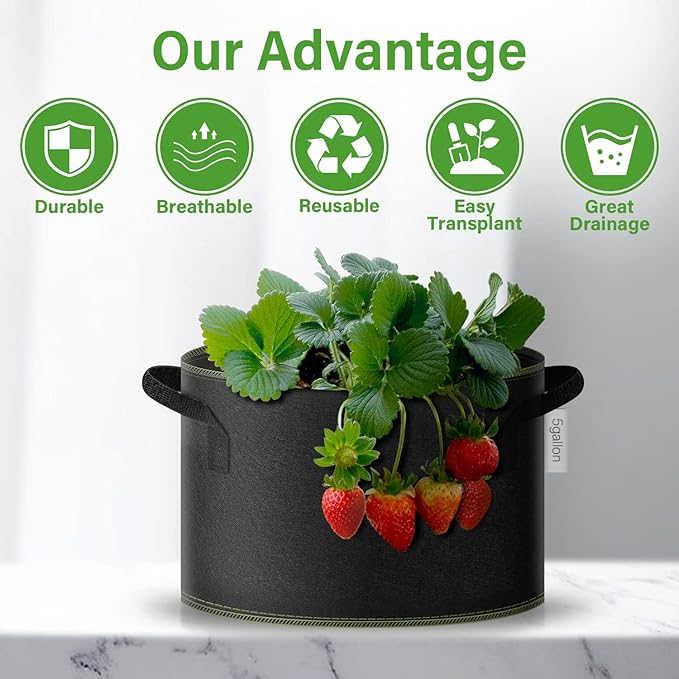 iPower 5-Gallon 5-Pack Grow Bag Thickened Nonwoven Fabric Pots Heavy Duty Aeration Container with Strap Handles for Garden and Planting Vegetable Flowers, Black with Green Stitch Sewing