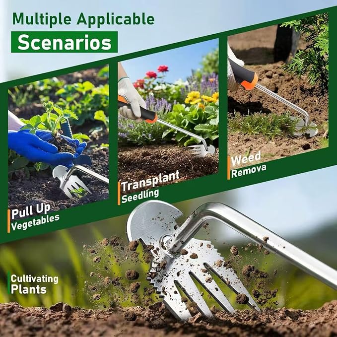 Weed Puller Tool, 2-in-1 Hand Weeder Tool with 4 Sharp Tines & Blade, Manganese Steel Garden Weed Remover, Ergonomic Handle Weeding Tool for Lawn, Yard,Vegetable Garden, Dandelion &Thistle Root Puller
