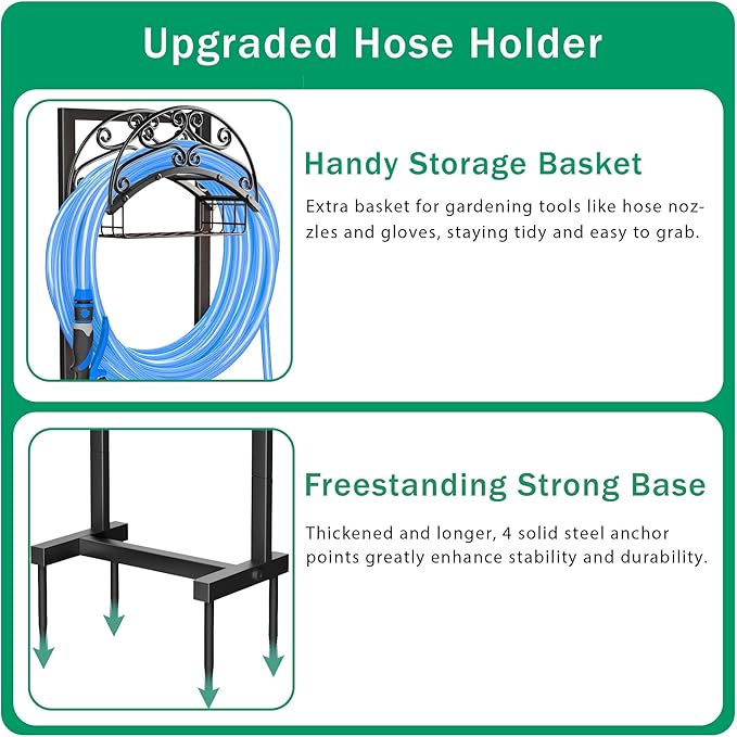 Garden Hose Holder - Freestanding Water Hose Holders for Outside with Storage Basket, Heavy Duty Hose Stand Organizes 150ft Hose Storage Hanger Rack for Yard Lawn Farm