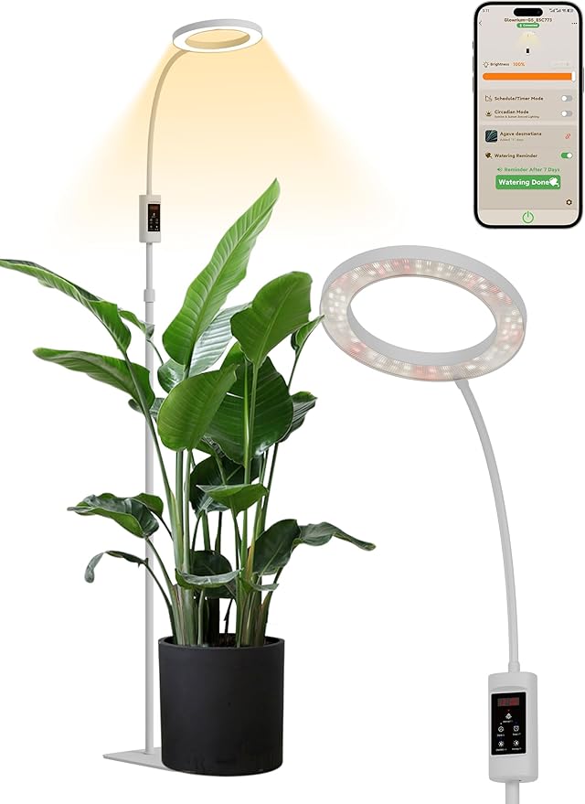 GLOWRIUM Smart Grow Lights for Indoor Plants, 24W Full Spectrum Plant Lights with Bluetooth App, Adjustable Height 47-70.9", Auto Timer, Indoor Plant Lamp for Large Tall Plants（White 24W）