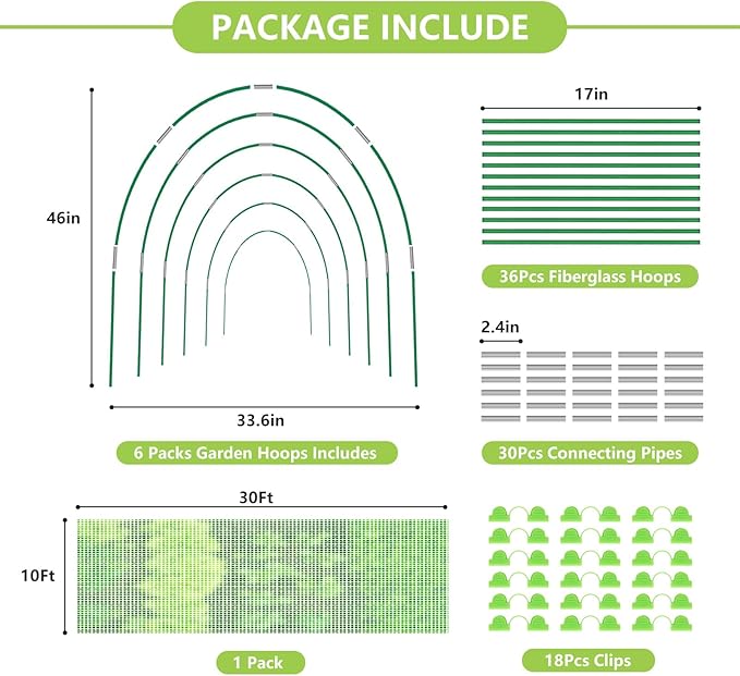 Garden Mesh Netting Kit, 10x30FT Green Ultra Fine Mesh Netting ＆6 Sets of 8FT Fiberglass Garden Hoops for Raised Beds, Insect Netting Row Cover Net Protect Plants Vegetable Fruits Flowers