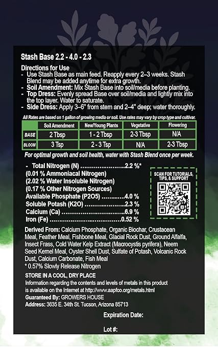 Stash Base Premium All-Natural Nutrient (2.2-4-2.3) – Vegetative Stage Soil Amendment & Fertilizer with Biochar, Crustacean Meal & Kelp – Boosts Root Growth & Stem Strength (4 lbs)