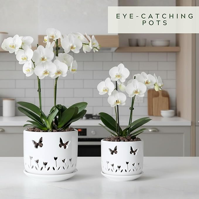 2 Pack, 5 + 6 Inch White Orchid Pots with Butterflies and Tulips Holes and Saucer, Ceramic Orchid Planters for Repotting with Drainage Holes and Tray Indoor Outdoor, Butterfly Gift