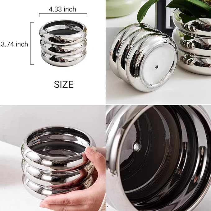 Ceramic Plant Pot Indoor, 4.5 Inch Flower Pot with Drainage Hole, Small Bubble Design Ceramic Planter for Home & Office Decor (Silver)