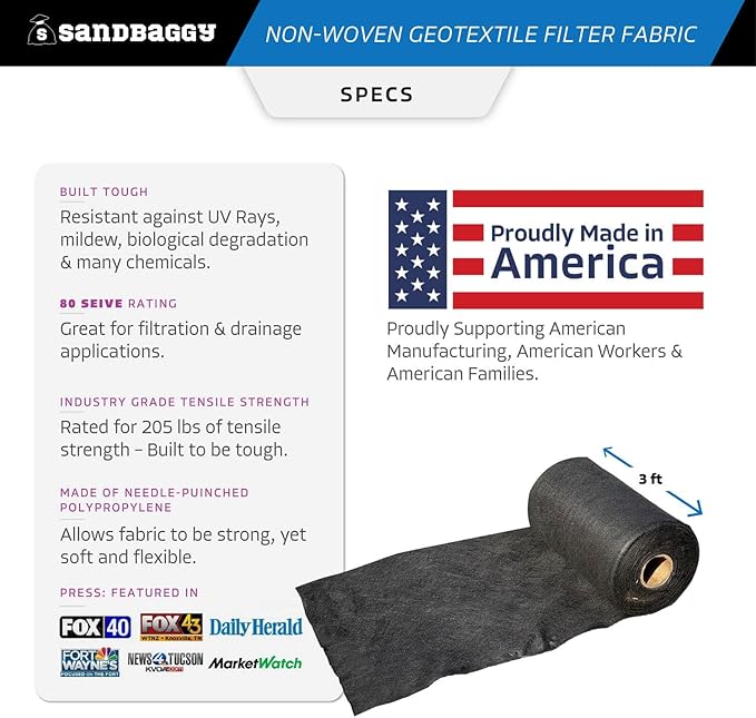 Sandbaggy 8 oz Non-Woven Geotextile Fabric – 3×25 ft Roll, Made in USA | Heavy-Duty Landscape Fabric for Drainage & Erosion Control | 205 lb Tensile Strength | 50-Year UV Protection