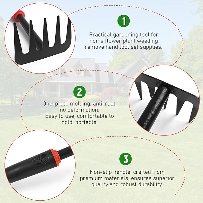 FR 5-Piece Garden Tool Set – Heavy Duty Hand Weeder Kit with Trowel, Cultivator & Rake – Ergonomic Manual Gardening Tools for Digging, Planting & Weed Removal in Lawn & Flower Beds