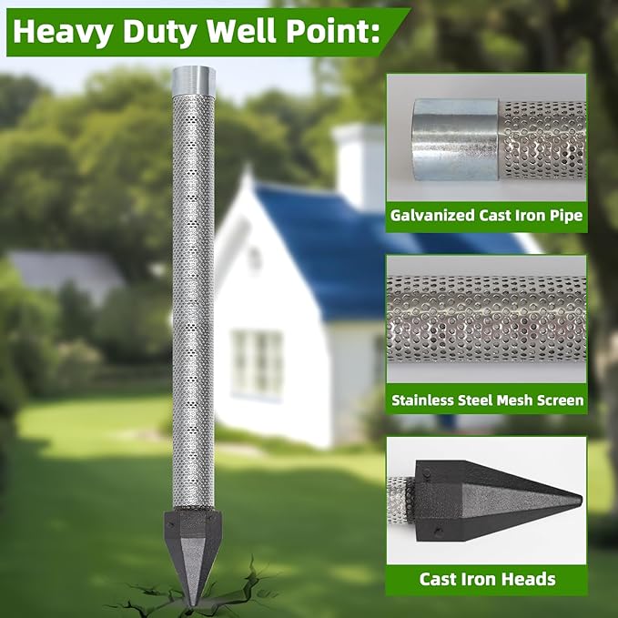 Well Drive Point Kit,1-1/4 Stainless Steel Well Point+5Pk 39" 1-1/4 Galvanized Drive Point Well Pipes,Heavy Duty Shallow Well Drilling Kit for Drive Sand Point Well&Soft Soil Well,36" Point 60 Gauze