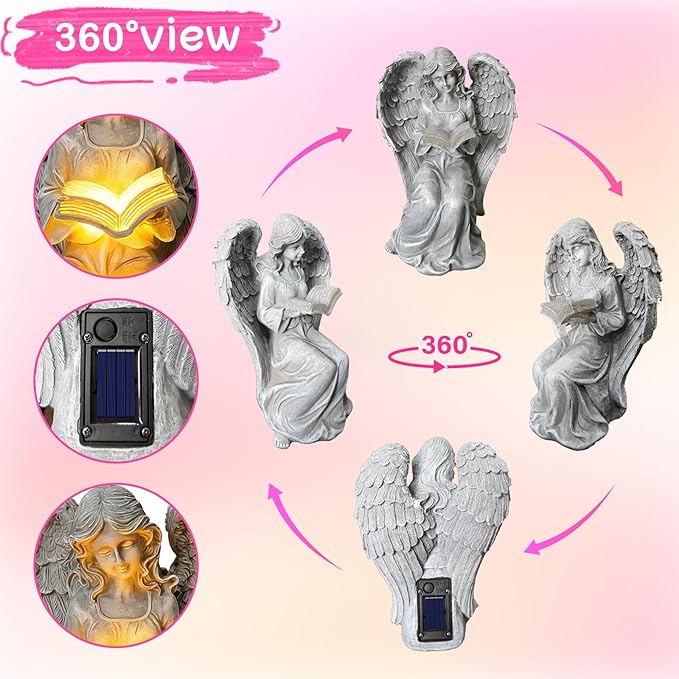 Solar Garden Outdoor Angel Book Statues,Book Lovers for Balcony Patio Lawn Table Yard Ornaments, Solar Resin Fairy Waterproof LED Lights,Birthday Gifts for Women Mom Grandma