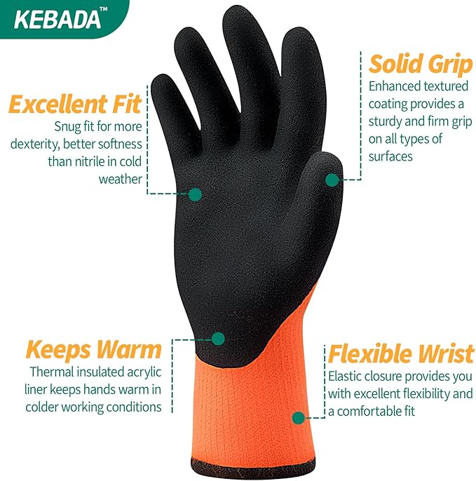 Kebada T3 Winter Work Gloves for Men and Women, Warm Knit Cold Weather Work Gloves, Thermal Insulated Freezer Gloves, 100% Latex Coating Non-slip Grip, Long Wrist Design, 3 Pairs, Orange, Small