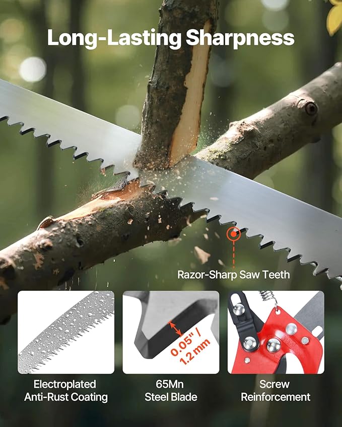 VEVOR Manual Pole Saw, 3.87-27 ft Extendable Pole Tree Pruner with Scissors, Sharp 65Mn Steel Blade, Lightweight Fiberglass Handle Pole, for High Branch Trimming, Pruning Tool for Palms and Shrubs
