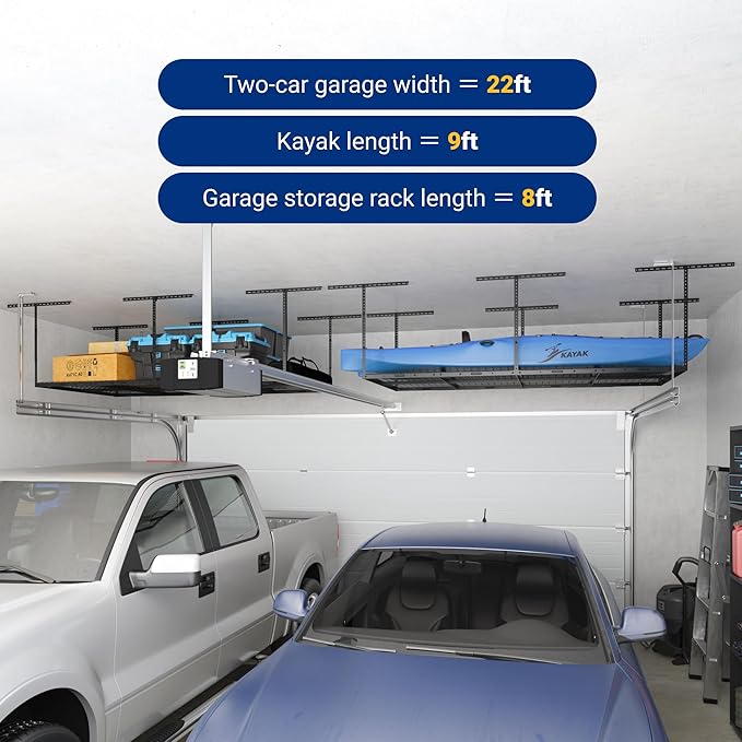 FLEXIMOUNTS 4x8 Overhead Garage Storage Rack, Adjustable Organization System, Heavy-Duty Metal Ceiling Racks, 750lbs Weight Capacity, Black, Classic Series