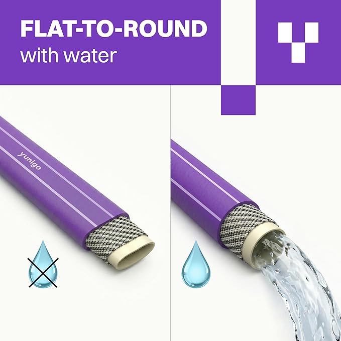 SERENITY 50ft Flat-to-Round Purple Garden Hose – Lightweight, No-Kink, Abrasion-Resistant TPV Hose with Durable Aluminum Fittings, Spray Nozzle & Hose Mender, Ideal for Home & Garden Watering