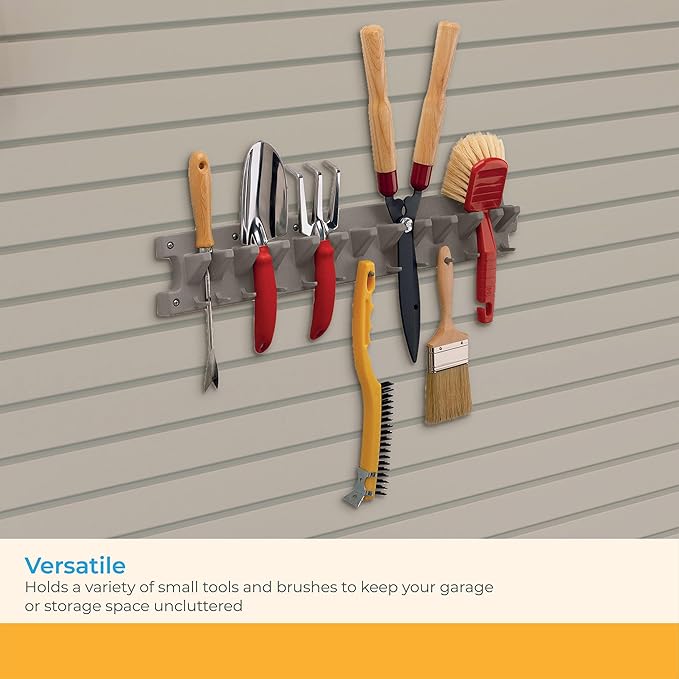 Suncast V713 2 Foot Wall Mounted Garage Garden Hand Tool Organizer with Smart Tilt Back Design and 30 Pound Total Capacity, Platinum, 2 Pack