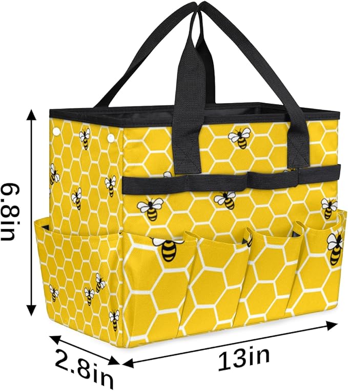 Garden Tote Bag with Pockets Honey Bees Gardening Bags for Tools Organizer Heavy Duty Storage Bag with Handle for Lawn Yard Casual
