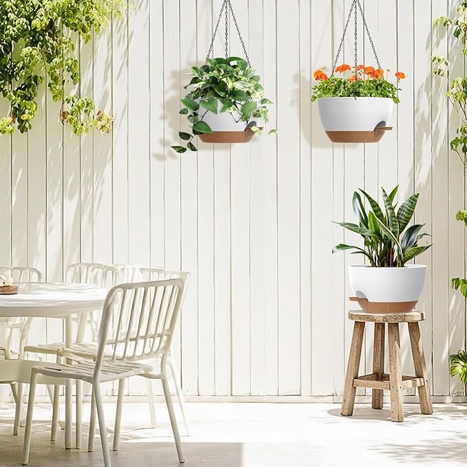 3 Pack 10 Hanging Flower Pots with Chains Self Watering Plastic Planters for Indoor Outdoor Plants, Sturdy Triangular Iron Chain Design for Garden PorchPlastic hanging flower pots (3, White-brown)