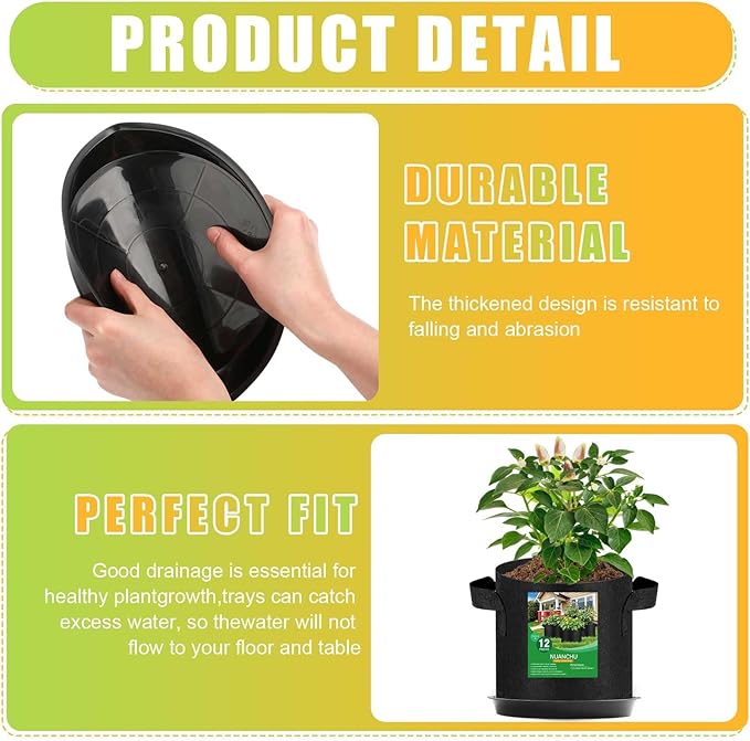 12 Sets 2 Gallon Grow Bags with Plant Saucers, Durable Fabric Plant Pots with Handles, Aeration Drainage Planter Bags for Planter, Reusable Garden Bags Drip Trays Set for Indoor Outdoor