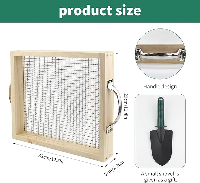 Soil Sifter for Gardening Dirt Sifter with 0.31 inch Metal Wire Mesh Sifting Screen Wood Rocks Sifter with Handle Screen Compost Sifter Garden Essentials（12.5x11.4 in）