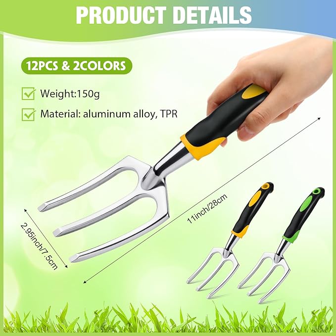 Yaocom 12 Pcs Hand Rakes Garden Tool Mini Heavy Duty Garden Cultivator 11 Inch Small Rake Gardening Hand Tiller with Handle for Digging Weeding Loose Soil(3-Tine Prong Fork,Yellow, Green)