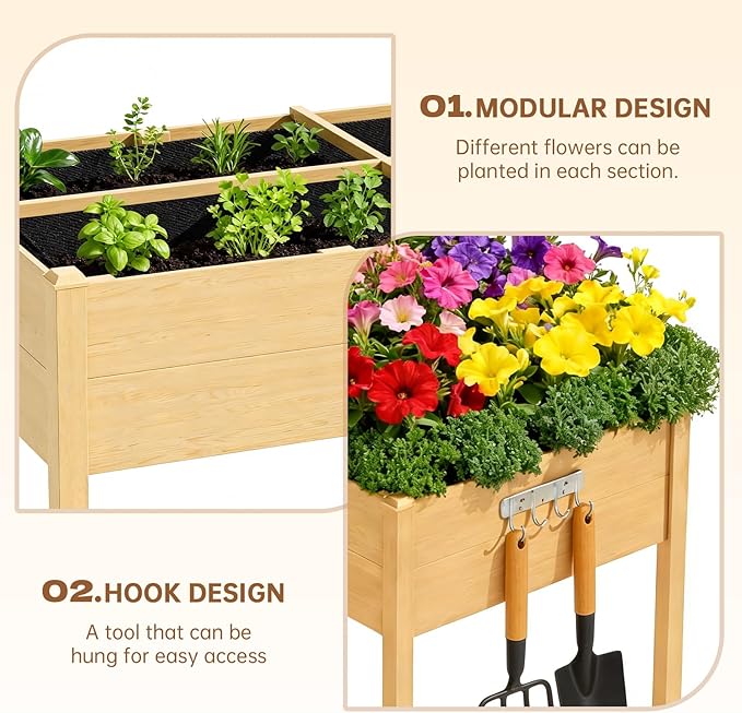 Acenova Raised Garden Bed Outdoor, 48 x 24 x 30 Inch Elevated Wooden Garden Bed with Legs and Liner, Raised Beds for Gardening with Grow Bag and Tool Hook, Planter Box for Patio Backyard Balcony