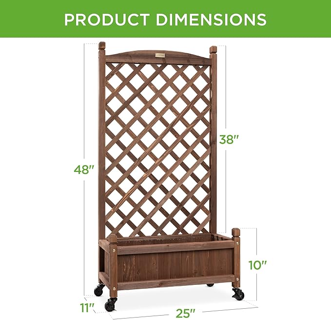 Best Choice Products Set of 2 48in Wood Planter Box & Diamond Lattice Trellis, Mobile Outdoor Raised Garden Bed for Climbing Plants w/Drainage Holes, Optional Wheels - Walnut