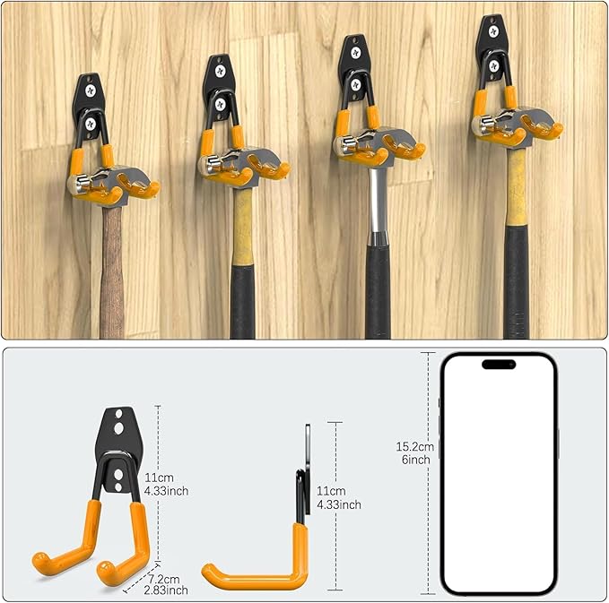 3-H Garage Wall Hooks Heavy Duty 8 Pack, Anti-Slip Steel Wall Mount Storage Hooks for Hanging Ladder Garden Yard Tools, Utility Organizer for Garage Lawn Shed(Orange)