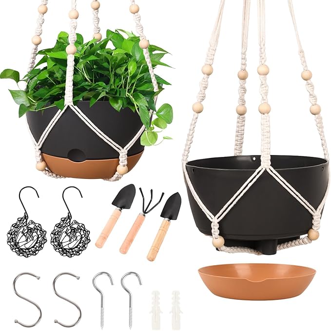 Hanging Planters for Indoor Plants, 2 Pack 10 Inch Self Watering Hanging Pots for Plants with Drainage Holes, Indoor Outdoor Hanging Flower Pots for Home Garden Ceiling Decor (Black)