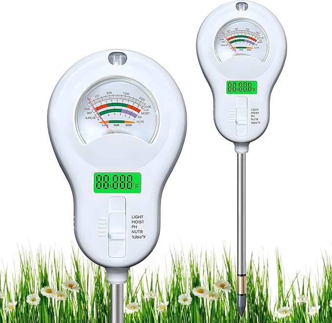 6-in-One Soil Test Kit-Soil Moisture Meter/PH Meter/Fertility/Sunlight Intensity Soil Tester, Dual Screen Meter Display & Rotatable Head for Indoor&Outdoor Plants, Lawn&Farm