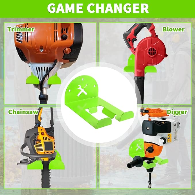 Upgraded Trimmer Rack Wall Mount - 8" Heavy Duty Weed Eater Hanger for Garage Wall, Garden Power Tool Holder Organizer Hooks for Grass Trimmer, Hedge Trimmer, Leaf Blower and Chainsaw, Green, 1 Pack