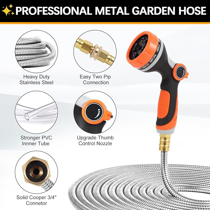 Metal Garden Hose 100 ft, Stainless Steel Water Hose 100ft with 10 Function Nozzle & 3/4 Copper Fitting, Heavy Duty & Flexible, Kink Free & Lightweight for Yard, Outdoor, Lawn, Patio & Car