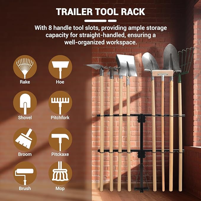 Upgraded Utility Trailer Accessories Trailer Tool Rack with 8 Tool Holes, Heavy-Duty Landscape Accessories Reinforced Base Shovel Holder Handle Tool Rack for Truck