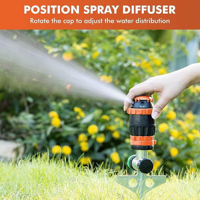 RESTMO Gear Drive Sprinkler with Metal Spike Base, 5-Pattern Heavy Duty Gardening Watering System, Multi-Adjustable Lawn Sprinkle for Garden Plant, Flower Bed and Large Yard Area Watering, Orange