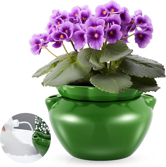 6.3 Inch African Violet Pots, Green Self Watering Pot for Indoor Plants, Ceramic Easy Plant Self Watering Pot for Thriving Plant Flower Maintenance