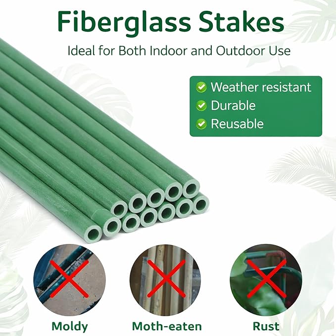 Plant Stakes 12 Inch, 12-Pack Stackable Plant Support Stakes with 12 Clips, Extendable Plant Holder Sticks for Tomato, Orchid, Monstera, Indoor Outdoor Plants (12)