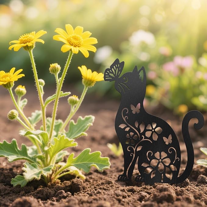 CUTHOLLOW Metal Plant Marker Stake Cat Flowers and Butterflies for Outdoor Indoor, Waterproof 11.8 inch Cute Garden Plant Labels Sign Tag for Herb, Farmhouse Greenhouse Decor - Funny Gardening Gifts