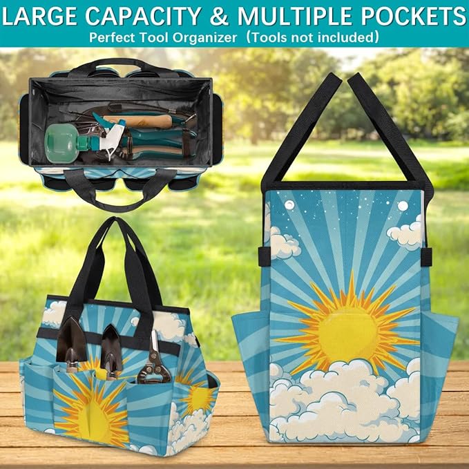 Garden Tool Bag Organizer Garden Tote Bag with Pockets Golden Sunshine Clouds Tool Storage Organizer Gardening Tool Kit Holder 13" x 6.8" x 2.8"