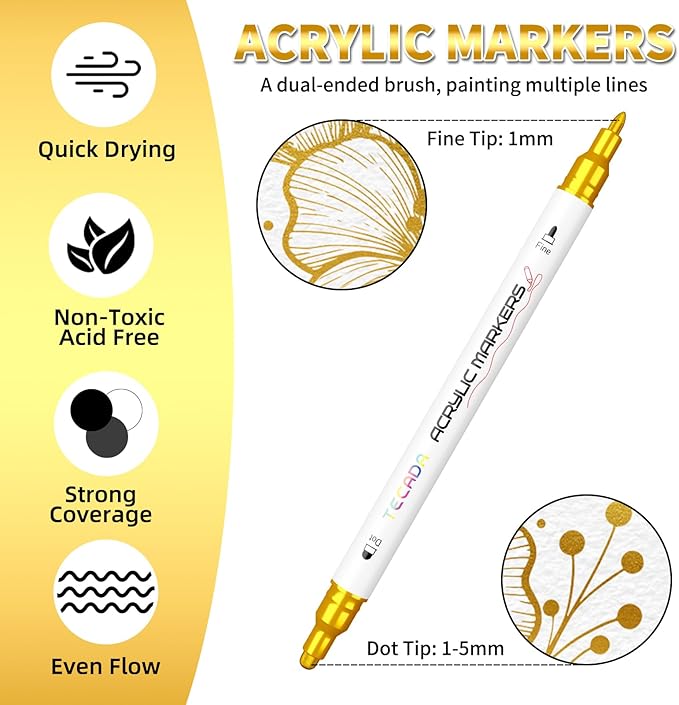 6 Gold Acrylic Paint Markers, Dual-Tip Acrylic Paint Pen for Rock, Fabric, Wood, Plastic, Canvas, Ceramic, Glass, Metal, DIY Crafts Art Supplies, Dot and Fine Tips