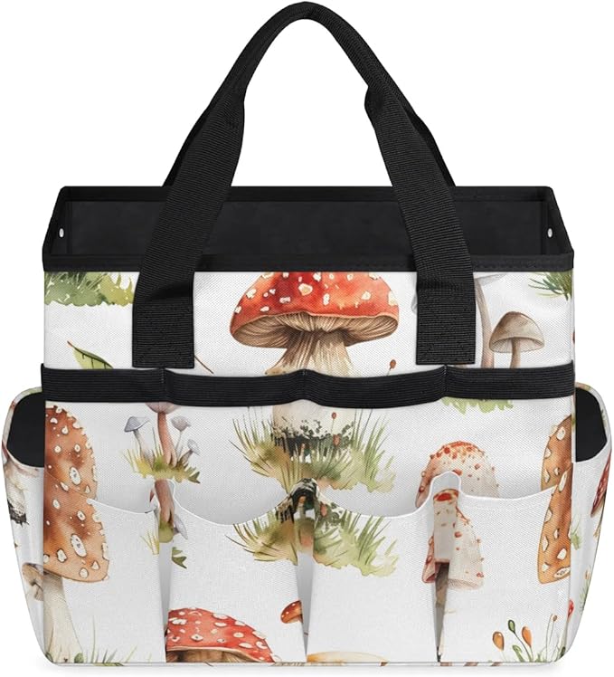 Garden Tool Bag Organizer Garden Tote Bag with Pockets Types of Mushrooms Tool Storage Organizer Gardening Tool Kit Holder 13" x 6.8" x 2.8"