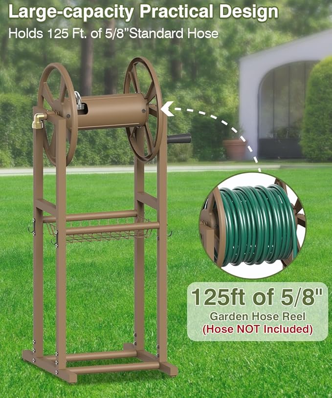 Freestanding Garden Hose Reel holds 125ft Hose of 5/8" with 4 Hooks, 4-Spike Outdoor Hose Holder with 3.9ft Leader Hose & Brass Fitting, Detachable Metal Hose Stand with Storage Rack, Brown