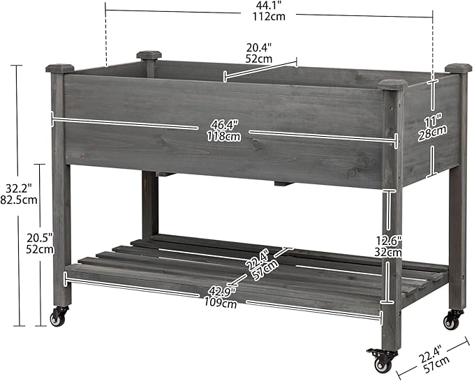 Raised Garden Bed with Lockable Wheels, 48x24x32 inch Elevated Wood Planter with Storage Shelf Protective Liner for Vegetable Flower Herb Outdoor Balcony Patio Backyard, Grey