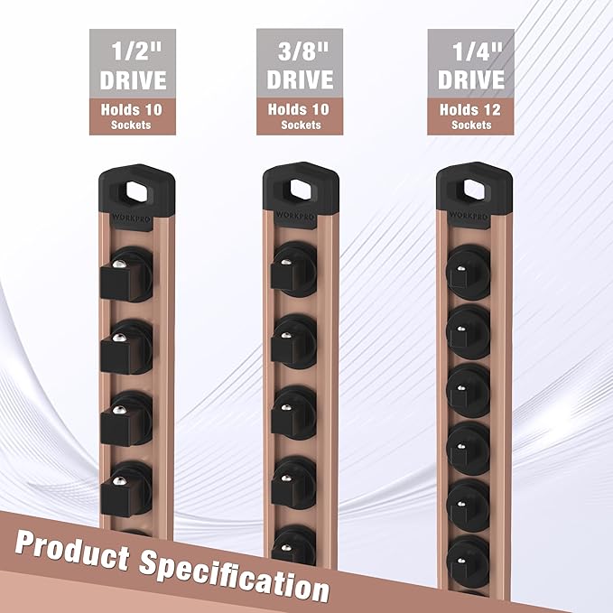 WORKPRO Magnetic Socket Organizer, 1/2-Inch Drive Aluminum Alloy Socket Rail, Heavy Duty Socket Holder, Socket Rack Kit 1/2-Inch x 10 Clips Champagne (Socket not Included)