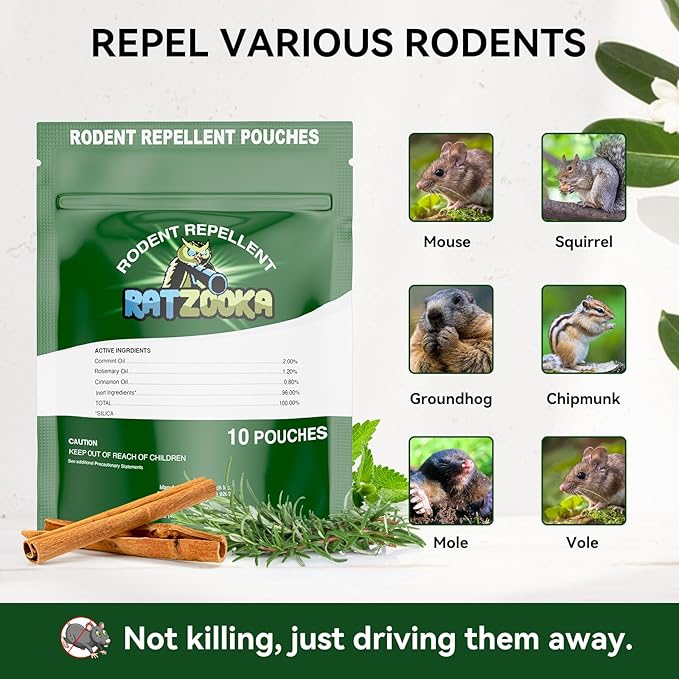 Mouse Repellent Pouches, Natural Formula with Peppermint & Rosemary Oil, Mice Repellent Indoor, Keep Mice and Rats Out of Your Home, Car, RV, Garage, Cabin (10 Pouches)