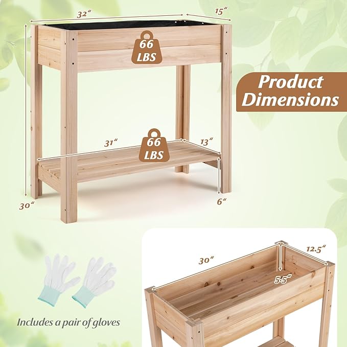 Giantex Wood Raised Garden Bed w/Lower Shelf, Planter Box with Legs for Flower Herb Vegetable Fruit, Indoor Outdoor Elevated Raised Beds for Gardening, Backyard, Patio, Balcony