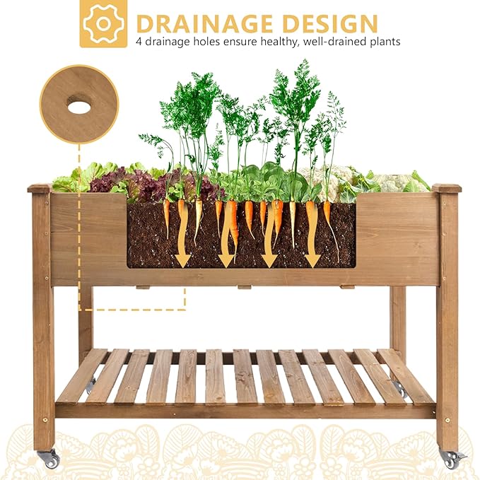 Raised Garden Bed with Wheel 48x24x30in, Elevated Wood Planter Box Can Grow Vegetables, Flowers and Herbs Suitable for Backyard, Patio, Balcony, Terrace, Veranda （Brown）