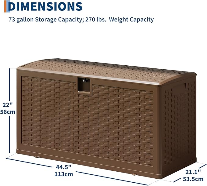GarveeLife 73 Gallon Resin Deck Box, Weatherproof and UV Resistant Outdoor Storage Box, Lockable Outdoor Storage Bin for Patio Cushions, Garden Tools, Pool Supplies, Package Delivery, Brown