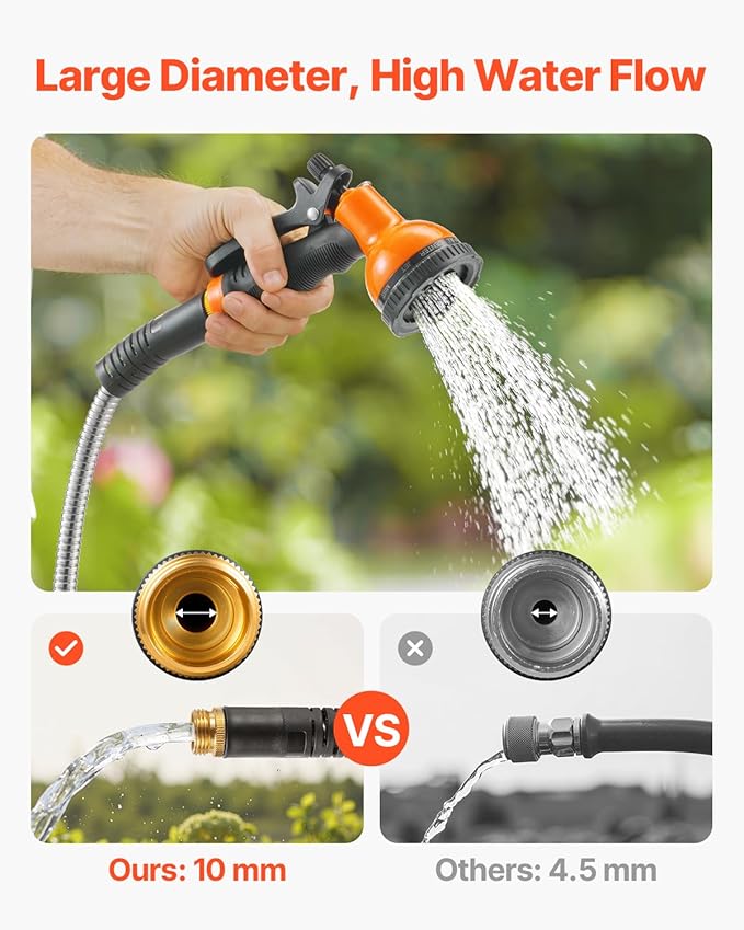 VEVOR Metal Garden Hose 200 ft, Heavy Duty Stainless Steel Water Hose with 10-Function Nozzle, No-Kink & Flexible Outdoor Garden Hose, Rust-Proof Lightweight Hose for Yard, RV, Car Wash