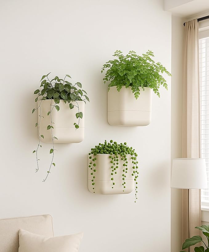 Phoenix Vine 6.5-Inch Wall Mounted Self-Watering Planter Pot for Indoor Houseplants and Herbs | Hanging Planter for Window Sills, Bathroom Walls, Home & Office Décor, Oatmeal, Set of 3, 01-WP-D-3