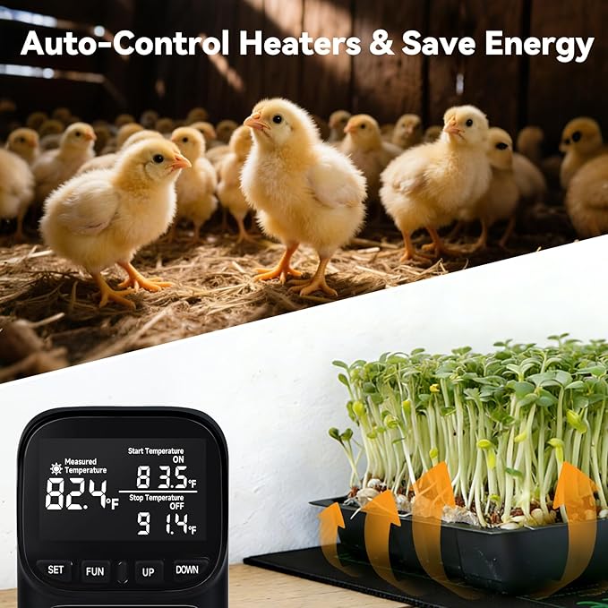 1800W Digital Thermostat for Reptile Tank, -40℉~210℉, Plug in Thermostat for Heater/Greenhouse with 5m/2m Cable, 15A Temperature Controlled Outlet with VA Display, Temp ±0.1°F, Black