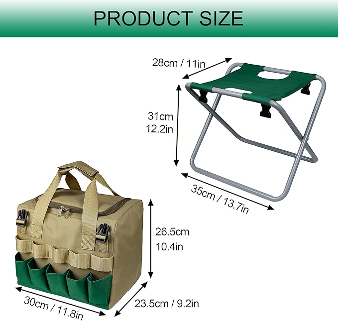 Folding Gardening Stool with Detachable Storage Tote Bag, Portable Garden Seat for Elderly Seniors, Heavy Duty Garden Chair for Gardening, Fishing, Camping, Outdoor & Indoor Use (Green+Khaki)