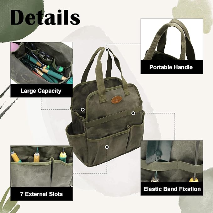 Waxed Canvas Utility Tote Bag, Large Capacity Multi-Pocket Garden Tool Bag, Heavy Duty Waterproof Work Tote for Camping, Gardening, Organizer Storage Bag for Men Women, Army Green