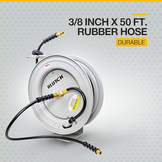Klutch Auto Rewind Air Hose Reel - with 3/8in. x 50ft. Rubber Hose, 300 PSI